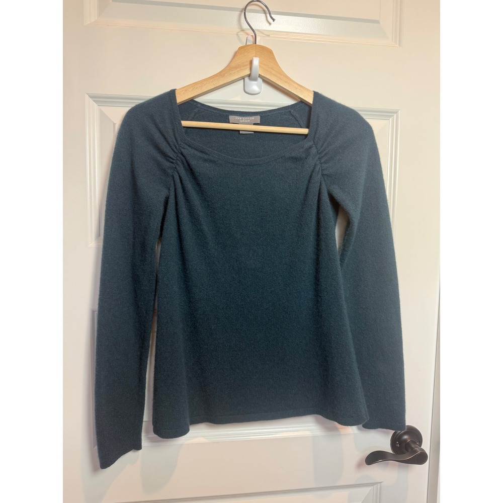 Ann Taylor Cashmere Sweater Womens Small Teal Square Neck Ruched Long Sleeve